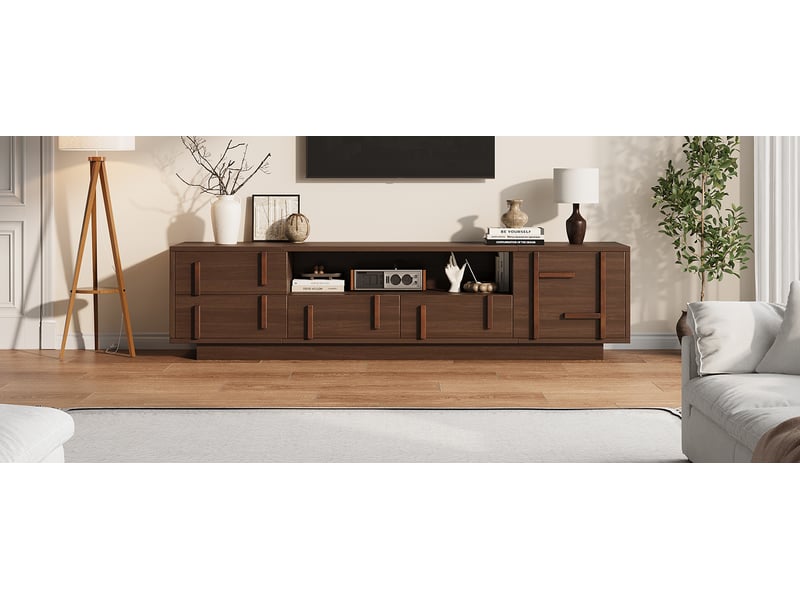  Meuble tv 180 cm pour écran jusqu'à 75 pouces, 4 tiroirs, 2 niches, mdf, noyer  - Conforama C