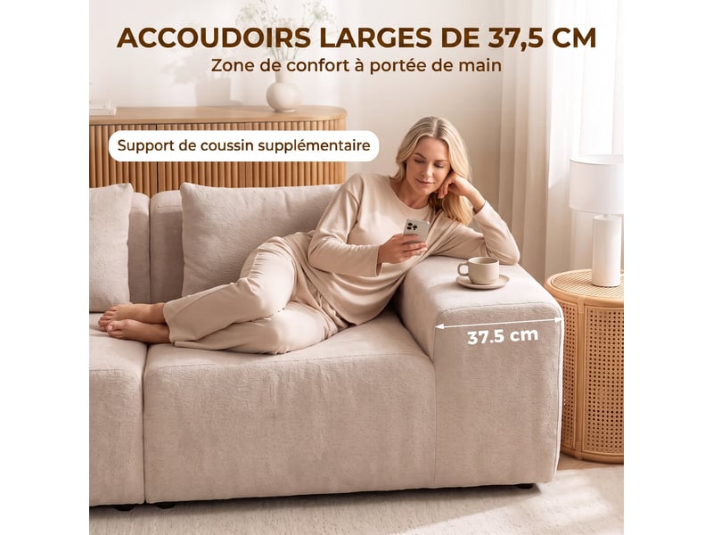  Canapé 3 places en chenille 320 cm, canapé modulaire, assise et accoudoirs extra-larges, entièrement compressé, beige  - Conforama E