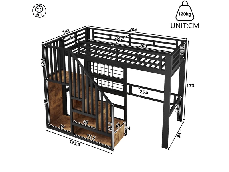  Lit mezzanine 90x200 cm en métal noir avec échelle rangement, grille murale et led  - Conforama C
