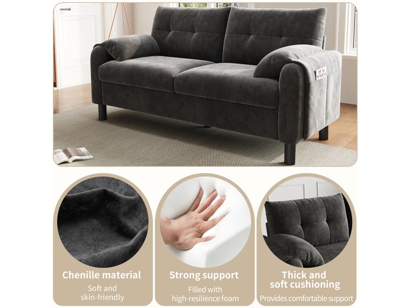  Canapé 2pl 158x80x88,5cm(lxlxh), style simple avec coussin d'assie confort, canapé de salon et chambre, tissu gris foncé  - Conforama E