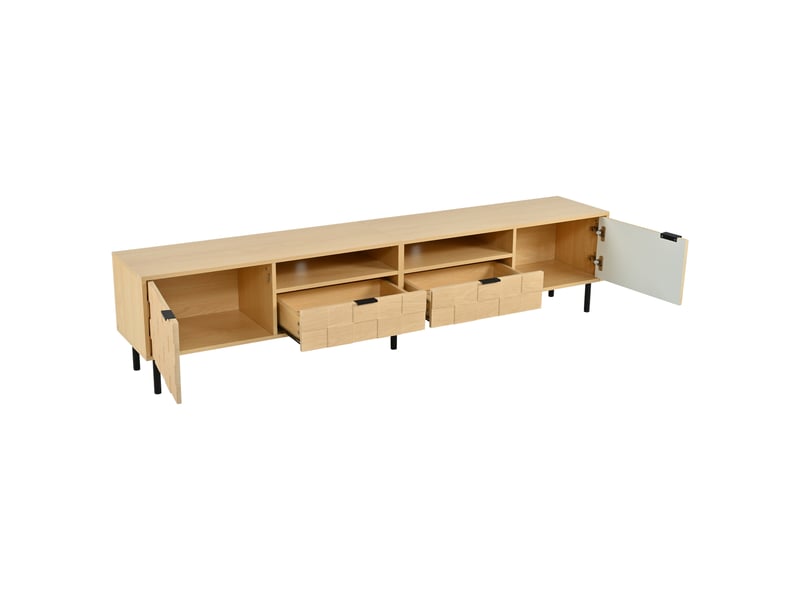  Meuble tv 200 cm bois naturel avec 2 tiroirs et 2 portes pour tv jusqu'à 80 pouces  - Conforama A