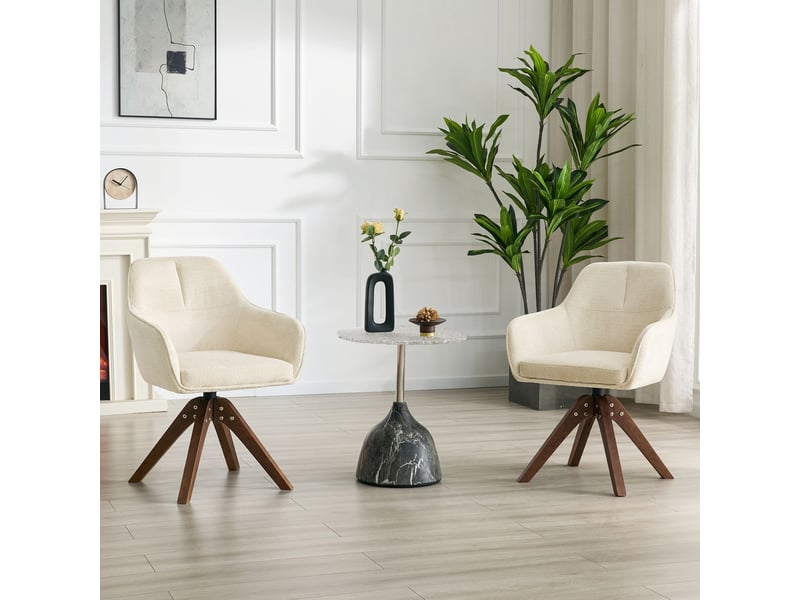  Lot de chaises 2 pièces pivotantes rotation 360° pieds en bois massif teinte noyer revêtement tissu crème assise en mousse dossier ergonomique  - Conforama B