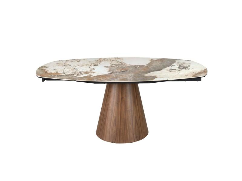Table de salle à manger extensible ovale en forme de tonneau en marbre porcelanique et bois de noyer  - Conforama W