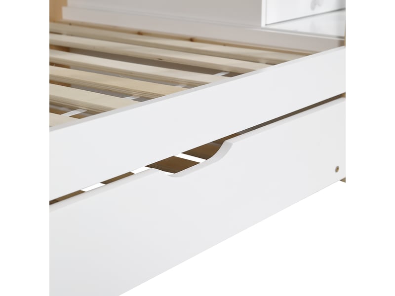  Lit cabane naturel et blanc 90x200 et 90x190 cm, couchage extensible, escalier à tiroirs, sommiers et barrières  - Conforama E