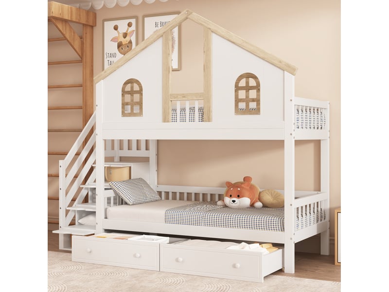  Lit superposé enfant 90x200 cm, escalier rangement, tiroirs, garde-corps, pin et mdf, blanc et naturel, sans matelas  - Conforama B