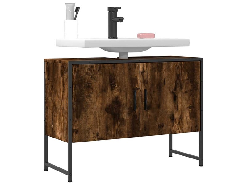  Armoire lavabo salle de bain, meuble de rangement chêne fumé bois d'ingénierie  - Conforama B