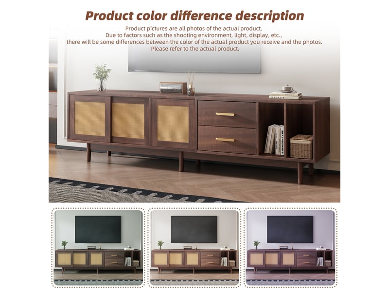  Meuble tv 190 cm pour écran 75 pouces, meuble tv en mdf marron et rotin avec 2 tiroirs, 3 portes et rangements ouverts  - Conforama R