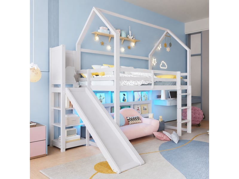 Lit mezzanine enfant 90 x 200 cm avec toboggan, rangements et led, blanc - Conforama D