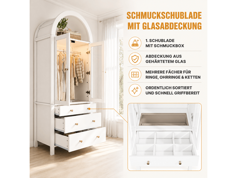  Armoire blanche avec éclairage led et portes en verre - penderie 3 tiroirs 80x50x200 cm  - Conforama E
