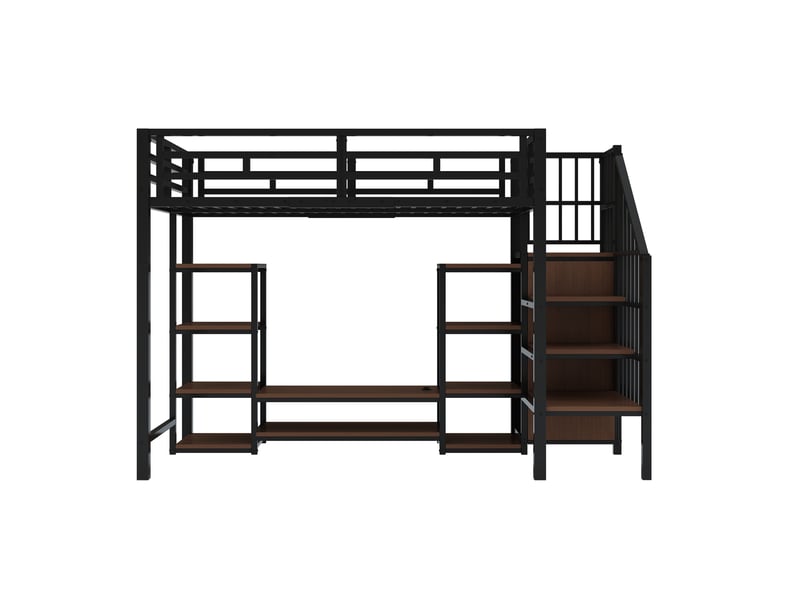  Lit mezzanine 200×90 cm avec meuble tv, prise électrique et échelle de rangement, en métal et mdf, noir  - Conforama E