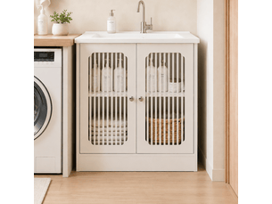 Meuble sous vasque blanc sans lavabo avec portes doubles et façade à lamelles