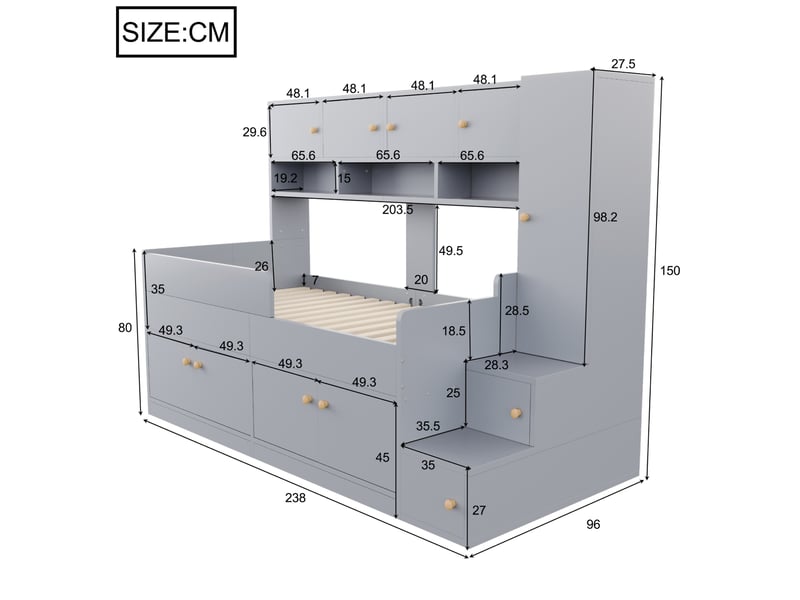  Lit combiné enfant 90x200 cm avec rangements, armoire, led et échelle gris  - Conforama C