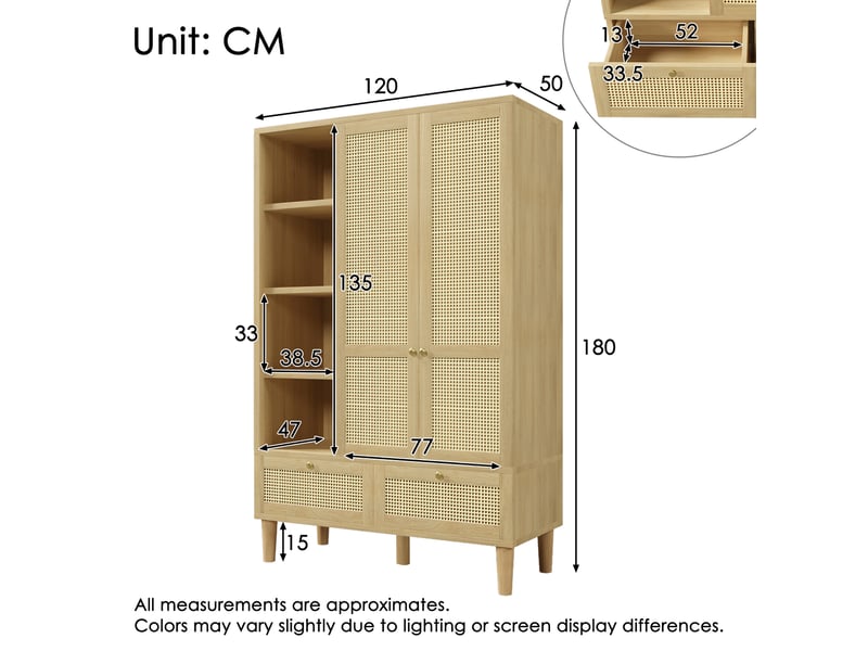  Armoire 2 portes modenvie avec rangement ouvert, penderie et 2 tiroirs en mdf, bois et métal, finition chêne, 180 x 120 x 50 cm  - Conforama C