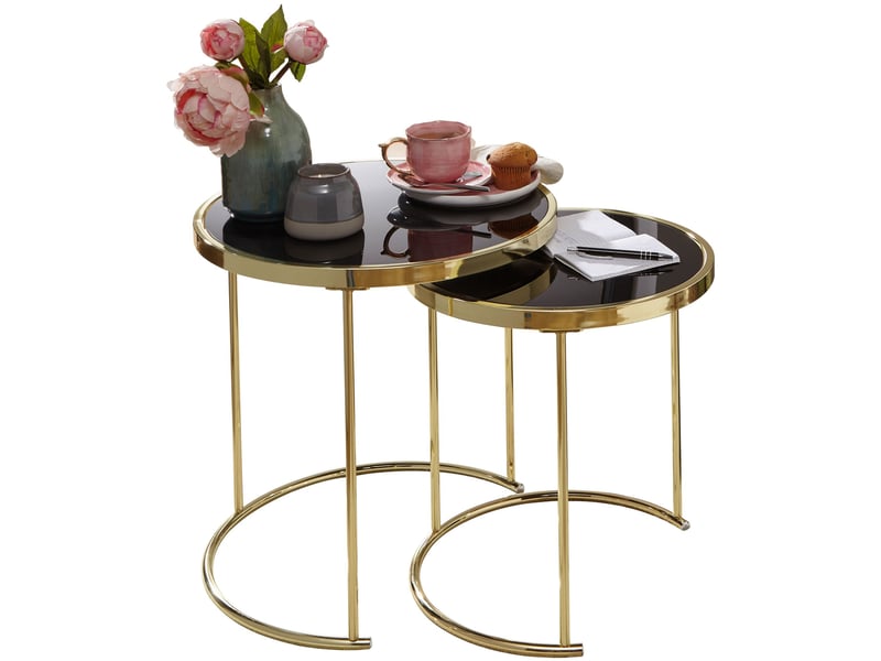  Lot de 2 tables d'appoint 50 et 42 cm en verre noir et métal doré  - Conforama C