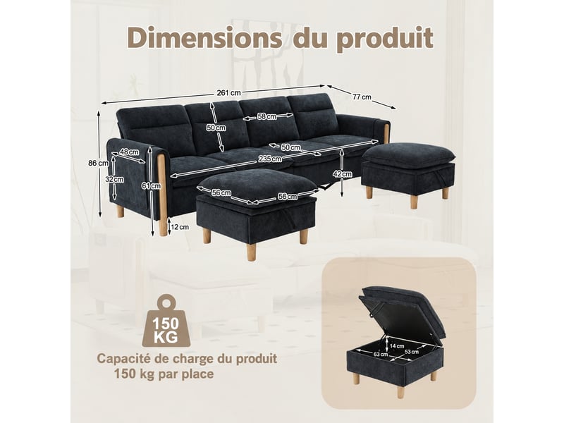  Canapé en u modulable 4 places, 2 poufs coffres, chenille noir, 261 cm  - Conforama C
