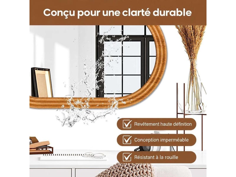 Miroir de salle de bain ovale 50x80cm verre trempé hd étanche – bois naturel - Conforama C