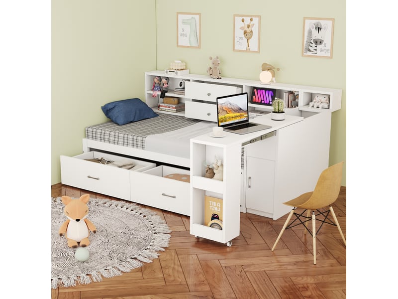  Lit une personne 90 x 200 cm avec rangements, bureau coulissant et prises usb, blanc  - Conforama D