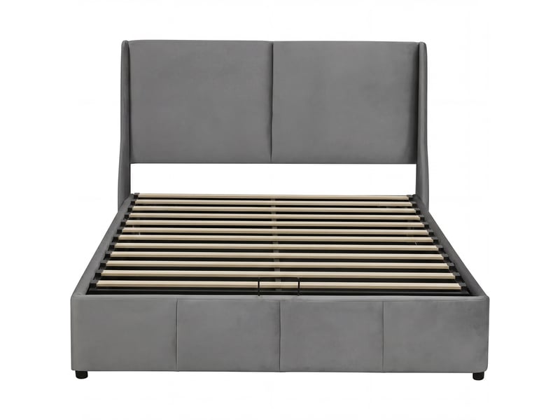  Lit coffre 140 x 190 avec rangement hydraulique, lit 2 personnes avec sommier à lattes et tête de lits rembourré, sans matelas, velours gris  - Conforama R
