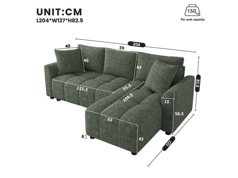  Canapé d'angle en l,3 places, avec 2 coussins décoratifs, adapté au salon et à l'appartement,204 x 127 x 82,5 cm,vert  - Conforama C