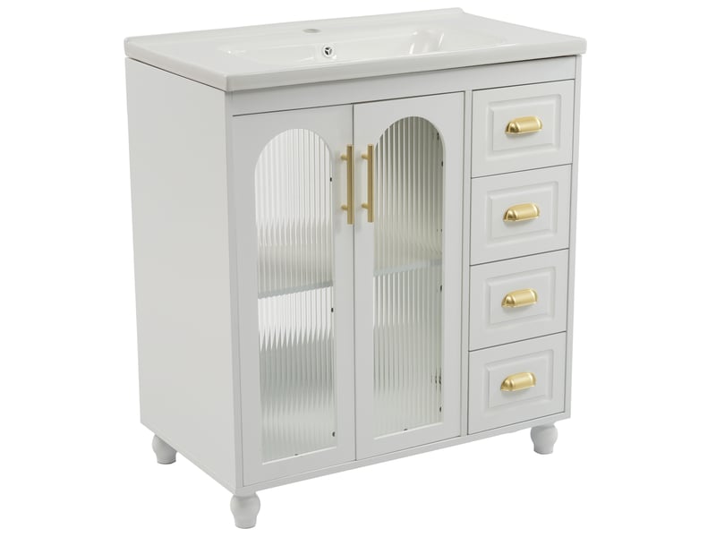  Meuble sous vasque avec 2 portes et 4 tiroirs, vasque en céramique pour salle de bain, blanc 80 × 47 × 90 cm  - Conforama A