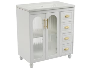Meuble sous vasque avec 2 portes et 4 tiroirs, vasque en céramique pour salle de bain, blanc 80 × 47 × 90 cm