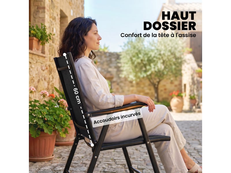  Lot de 4 chaises de jardin pliantes structure acier robuste sans montage dossier haut ergonomique 58x62x97cm noir  - Conforama E
