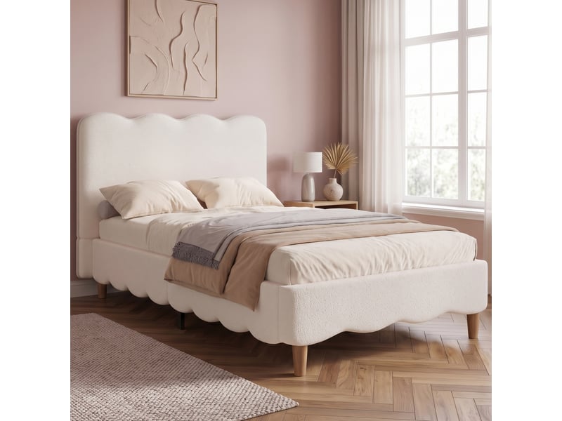  Lit enfant rembourré 90 × 200 cm 1 place avec sommier, sans matelas, en bouclette blanche, pieds en bois massif  - Conforama B