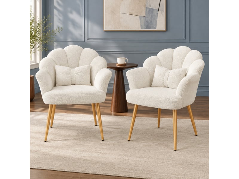  Lot de 2 fauteuils de salle à manger à dossier pétale en tissu teddy blanc, pieds dorés  - Conforama D