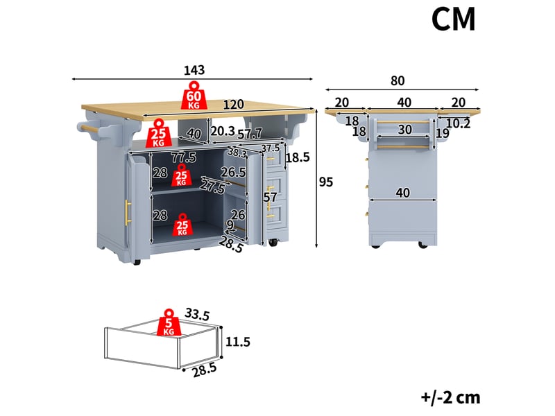  Desserte 2 portes 3 tiroirs - îlot de cuisine mobile à plateaux rabattables 143x40x95 cm mdf bleu gris  - Conforama C