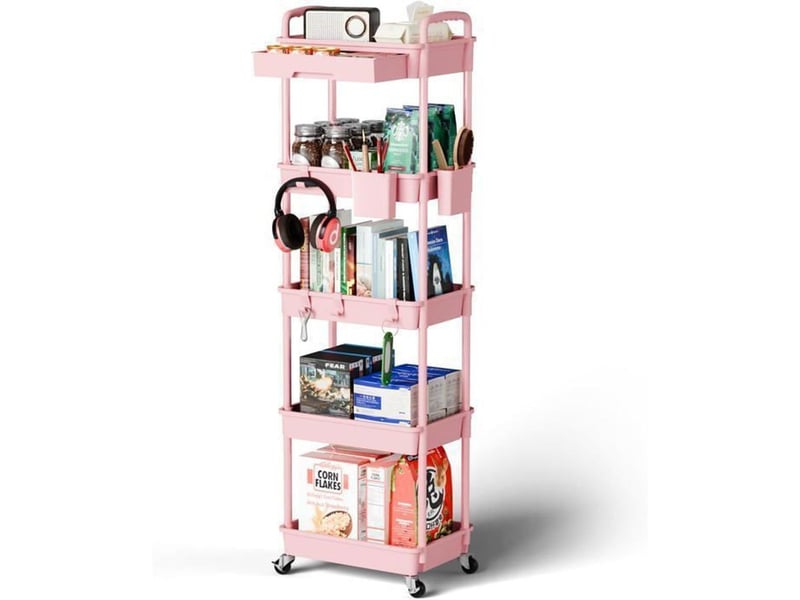  Desserte de cuisine chariot de rangement 5 paniers aérés tiroir verrouillable 2 porte-gobelets 4 crochets roulettes caoutchouc 360 rose 38 x 27 x 130 cm  - Conforama A
