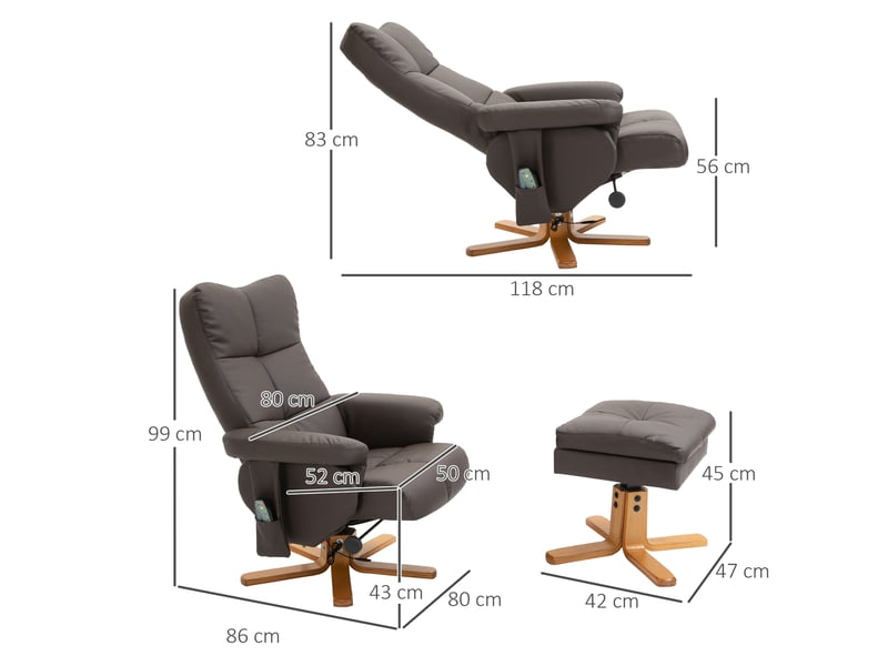  Fauteuil relax massant avec pouf, inclinaison 145°, similicuir marron, pivotant à 360° pour salon  - Conforama C
