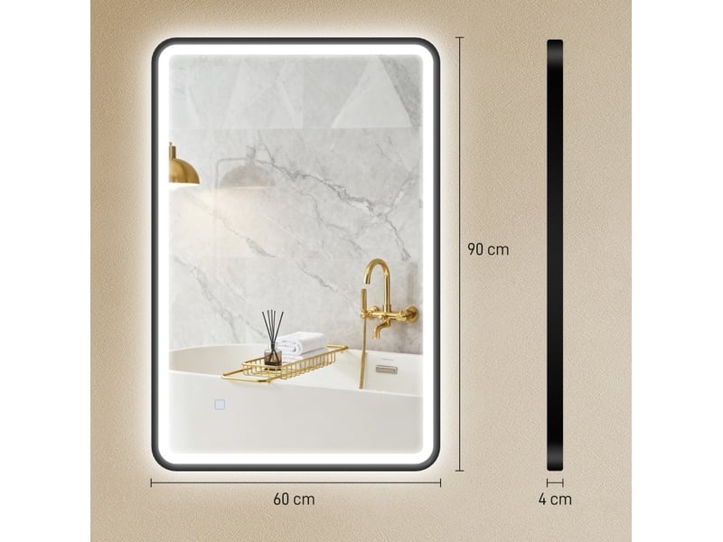  Miroir de salle de bain led 90 x 60 cm noir, verre trempé, éclairage réglable et fonction antibuée  - Conforama C