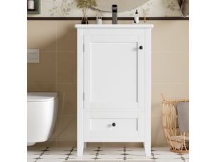 Meuble vasque salle de bain blanc 51 cm avec lavabo céramique, tiroir silencieux et étagère réglable
