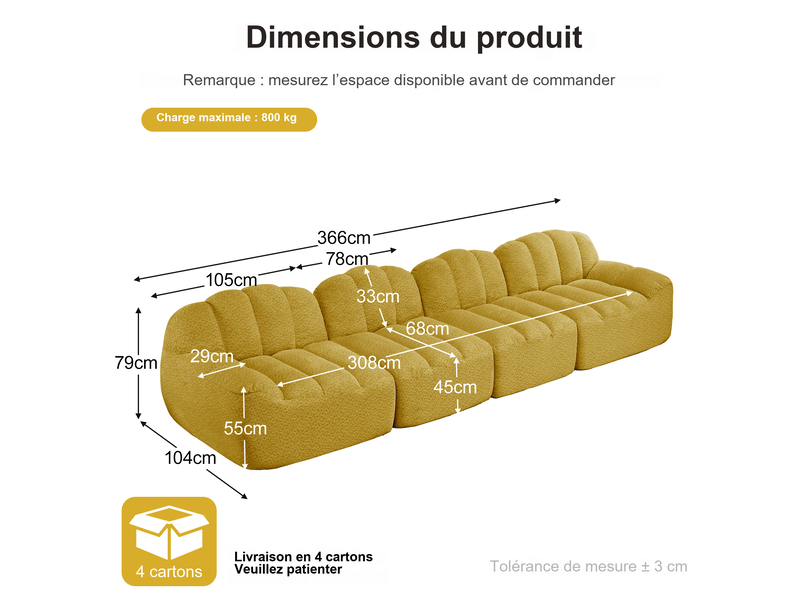  Canapé modulable 4 places jaune en tissu, forme coquillage, assise profonde 366x104x79 cm pour salon W3325S00394 - Conforama C