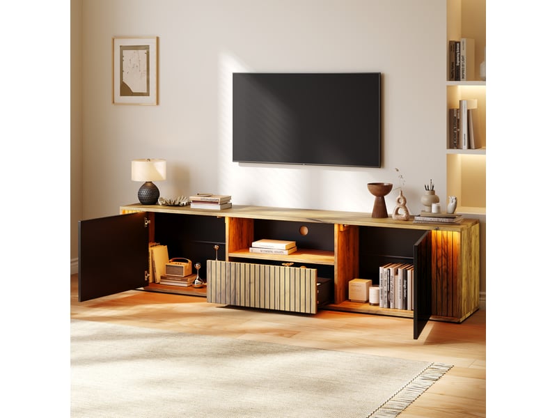  Meuble tv 180 cm noir et bois clair avec led bluetooth, 2 portes, tiroir et rangement pour écran 75 pouces  - Conforama E