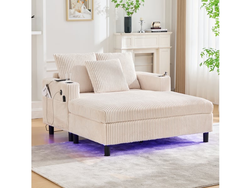  Chaise longue modenvie 1 place 128 x 142 x 85 cm led usb porte-gobelets velours côtelé beige  - Conforama D