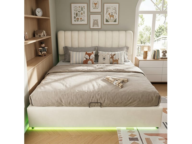  Lit coffre rembourré modenvie 140 x 200 cm avec rangement hydraulique, 3 tiroirs, éclairage led et revêtement en velours beige  - Conforama D