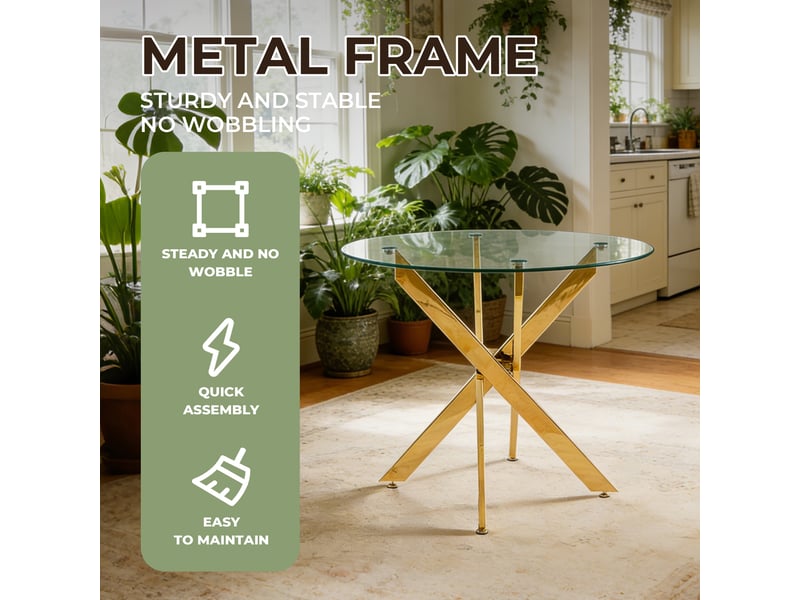  Table de salle à manger contemporaine en verre avec piètement métallique pour cuisine, finition dorée  - Conforama C