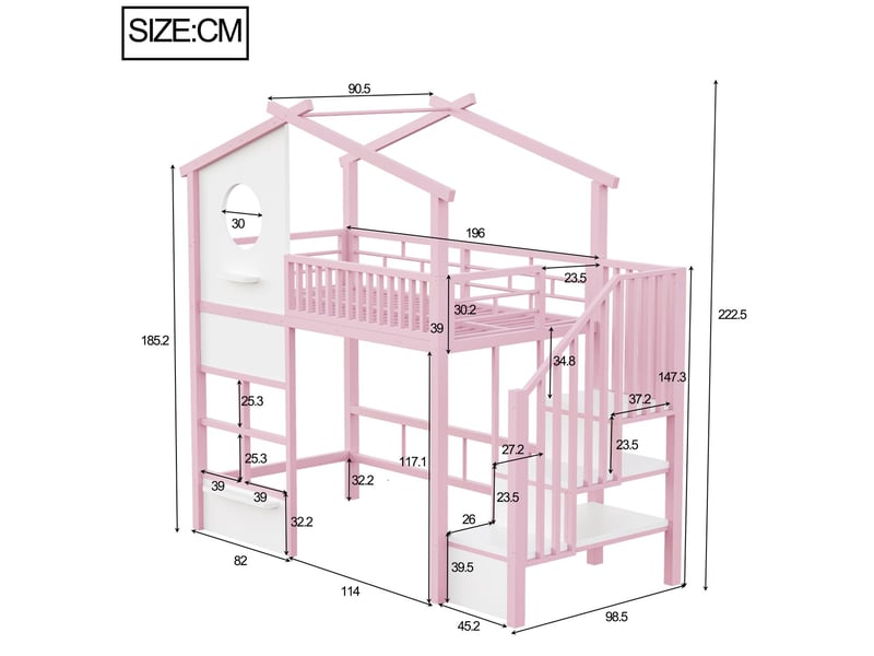  Lit enfant 90 x 200 cm éclairage led lit ado cadre en fer escalier rangement barrière haute coloris rose  - Conforama C