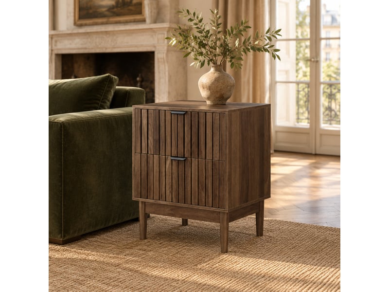  Table de chevet 2 tiroirs design lattes 45x39x56,5 cm, pieds en bois, poignées métal, mdf, noyer foncé  - Conforama D