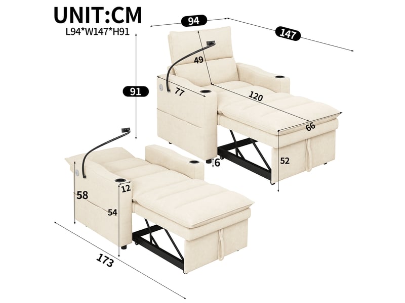  Fauteuil convertible 1 place avec canapé-lit, dossier réglable 3 positions, usb type-c, support téléphone 360°, porte-gobelet, tissu chenille beige  - Conforama D