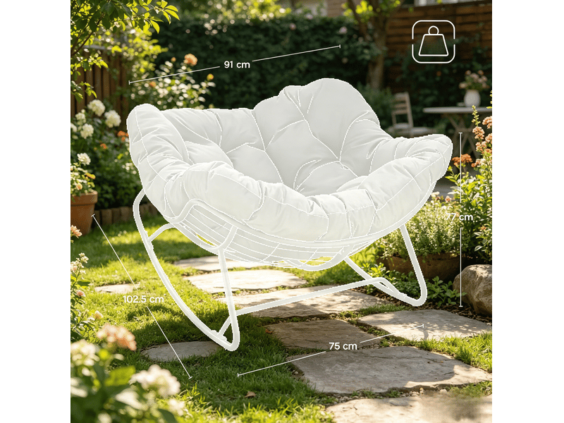 Fauteuil à bascule enveloppant avec assise large et profonde, structure métallique en chenille gris clair - Conforama D