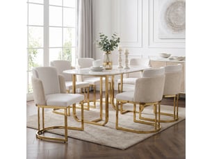 Chaises de salle à manger lot de 6 à double dossier ergonomique  - pieds métal doré, chenille beige et doré