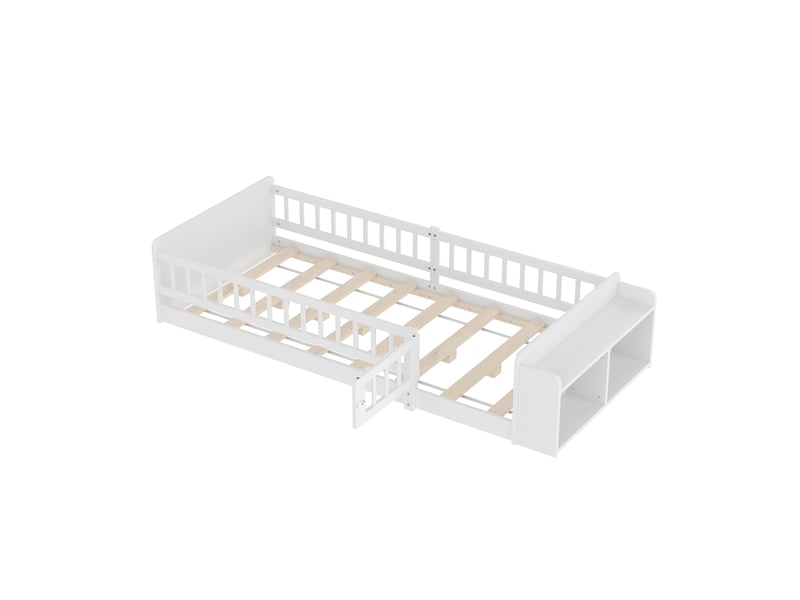 Lit enfant en bois massif 90x200cm, pin, rangement ouvert intégré, étagères, porte de sécurité ouvrable, blanc - Conforama W