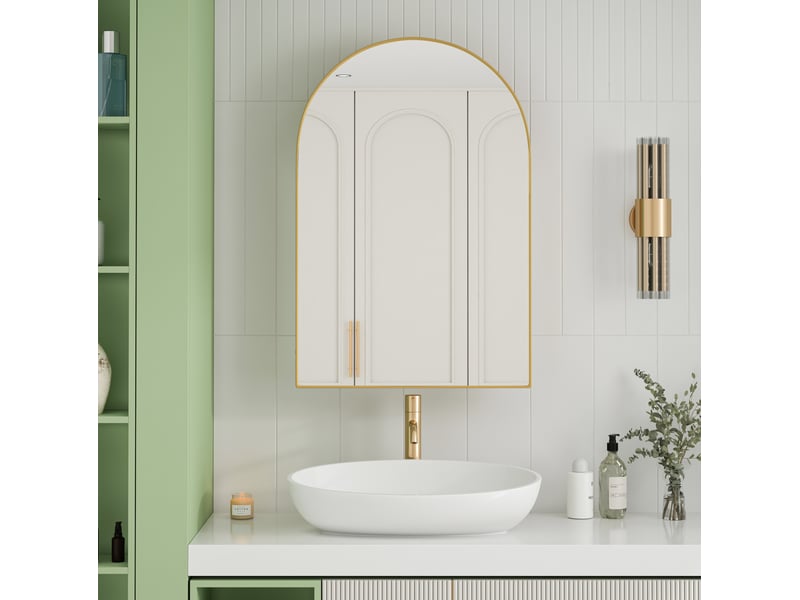  Armoire de toilette miroir arquée 91x61x12 cm, murale ou encastrable, 2 tablettes en verre, métal doré  - Conforama B