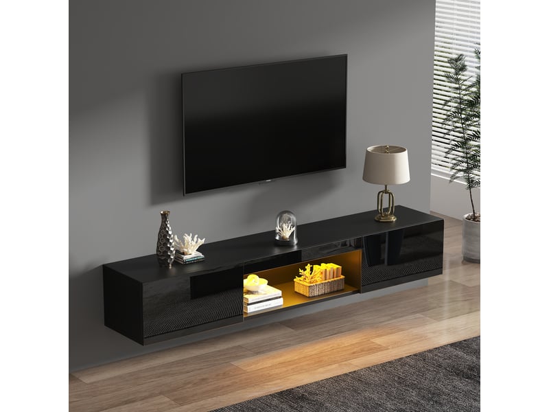  Meuble tv mural suspendu noir brillant avec led bluetooth - 160 cm pour téléviseur 70 pouces  - Conforama C