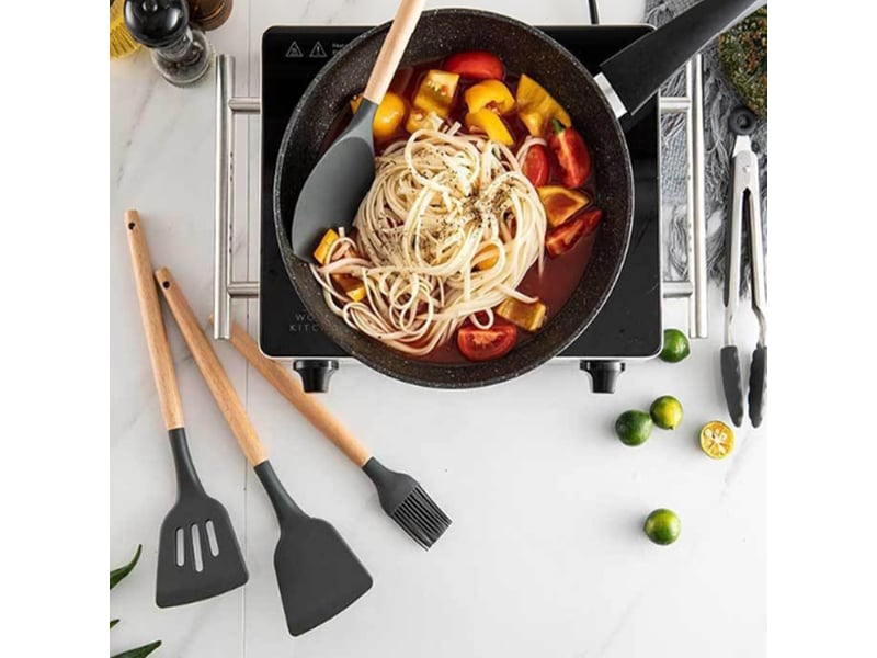 Set de 12 ustensiles de cuisine en silicone et bois avec support chicfurn - Conforama B