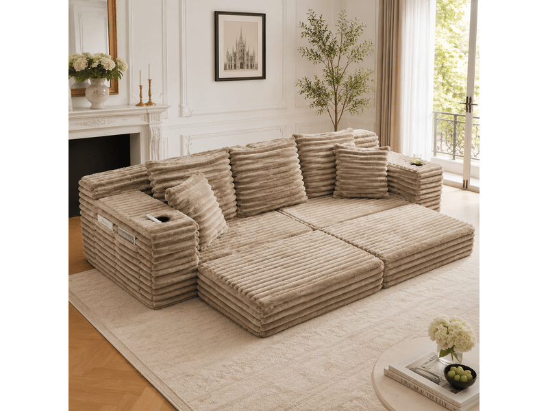  Canapé modulable convertible cordou kaki avec rangement latéral et porte-gobelets pour salon moderne  - Conforama B
