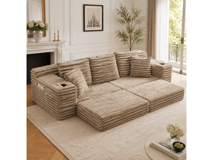 Canapé modulable convertible cordou kaki avec rangement latéral et porte-gobelets pour salon moderne