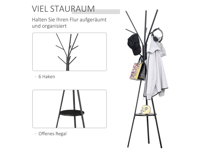  Porte-manteau sur pied 180 cm 3 tringles et 8 crochets plateau de rangement en mdf structure en métal robuste base tripode stable surface déperlante et entretien facile  - Conforama D
